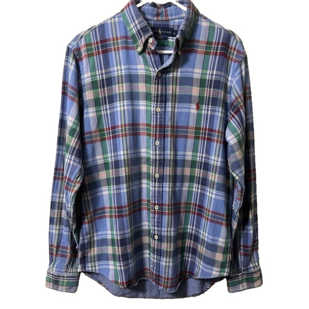 Ralph Lauren Men's Shirt L Pastel Cotton Flannel Plaid Chambray Lining Slim Fit
